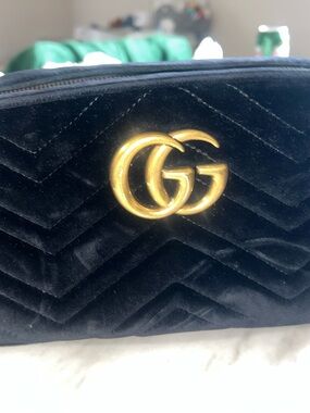 Gucci Black Velvet GG Chevron Crossbody with Gold Hardware